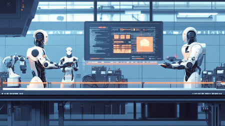 Robots in a high-tech lab analyze data on a large screen, showcasing futuristic technology and automation in an innovative workspace environment.の素材