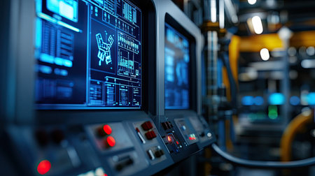 Dynamic control panel featuring digital displays in an industrial setting, showcasing modern technology and automation in engineering processes.の素材