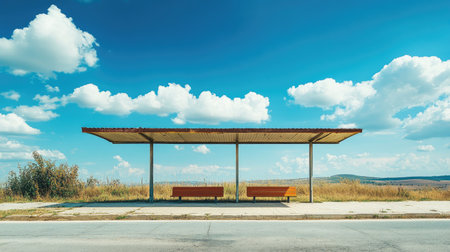 An empty bus stop with wooden benches and a shaded roof, set against a bright blue sky filled with fluffy clouds. A serene, minimalistic landscape ideal for travel themes.の素材