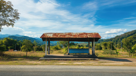 A tranquil rustic bus stop surrounded by lush green hills and a clear blue sky, perfect for a peaceful getaway or nature-inspired travel moments.の素材