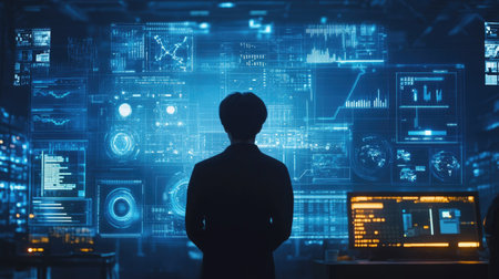 A silhouette of a person stands before a futuristic digital interface filled with data and graphs, representing advanced technology and analysis concepts.の素材