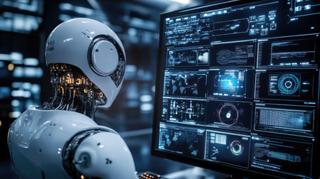 A futuristic robot engages with a high-tech interface, demonstrating the integration of artificial intelligence and data analysis in modern technology.の素材
