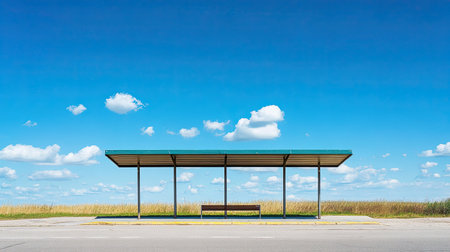 A minimalistic bus stop set against a bright blue sky with fluffy clouds, featuring a lone seat and inviting simplicity in a serene rural landscape.の素材