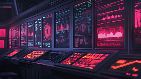 Explore a futuristic control panel featuring vibrant data visualizations and glowing interfaces. This artwork captures a high-tech atmosphere perfect for projects on technology and innovation.の素材