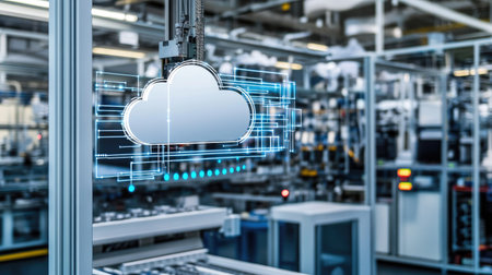 Modern factory showcasing cloud computing technology integration, enhancing automation and efficiency. Ideal for tech and industry-related themes.の素材