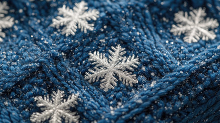 Discover a cozy blue knit fabric adorned with elegant snowflakes, perfect for winter decor or seasonal fashion. The intricate detail adds warmth and charm.の素材