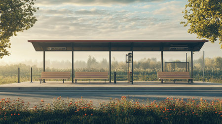 A tranquil bus stop surrounded by lush greenery and a clear sky. Its simple design offers a peaceful waiting area, perfect for early commuters.の素材