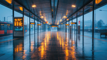 A moody urban train station platform reflects lights and rain, creating a serene atmosphere. Ideal for travel themes and urban architecture.の素材