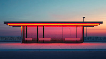 A striking modern bus stop illuminated by vibrant neon lights during sunset, creating a calm and minimalist atmosphere perfect for urban photography.の素材