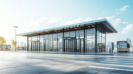 This modern urban transport station features a sleek glass design, providing a welcoming space for commuters. The bright daylight enhances its aesthetic appeal.の素材