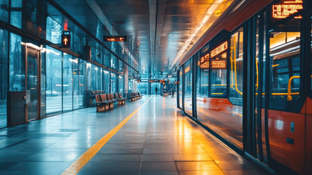 A serene view of a modern urban transportation station, showcasing sleek glass architecture, well-lit spaces, and a quiet waiting area for commuters.の素材