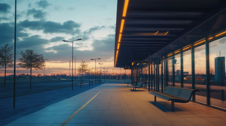 A serene modern bus station at sunset, showcasing a sleek design with glass features, empty benches, and a tranquil urban landscape, perfect for travel themes.の素材