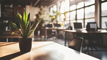 A tranquil office space featuring a green plant basking in natural light. The modern decor and minimalistic setup create an inviting atmosphere for productivity.の素材