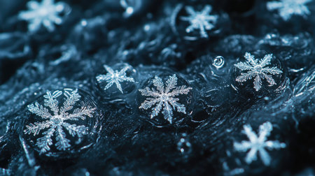 Explore a captivating macro view of intricate snowflakes atop a dark, icy surface, revealing nature's delicate beauty and unique patterns in winter.の素材