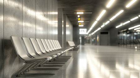 This image showcases a modern minimalist waiting area, featuring sleek metal benches and ambient lighting in a spacious urban setting, ideal for public transport environments.の素材