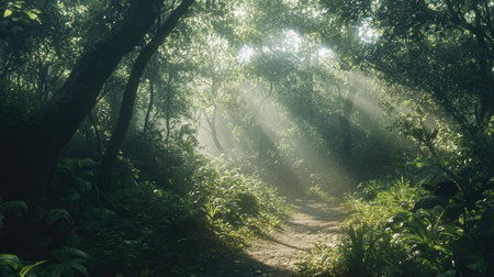 A peaceful forest scene featuring sunlight filtering through a lush canopy, creating an ethereal atmosphere. Ideal for nature enthusiasts and outdoor themes.の素材