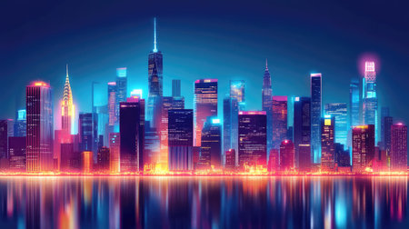 A stunning night panorama of a vibrant city skyline showcasing modern architecture and colorful lights reflecting on calm waters, perfect for travel themes.の素材