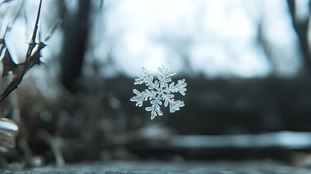 A delicate snowflake floats gracefully in a blurred winter landscape, showcasing nature's intricate design and the beauty of cold seasonal elements.の素材