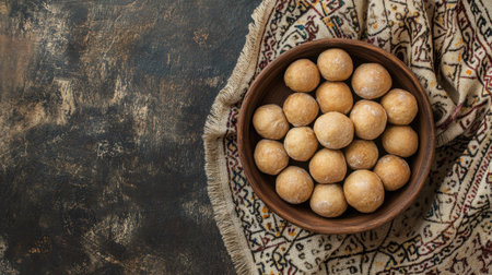 A wooden bowl filled with round dough balls rests on a patterned cloth. The soft beige tones and rustic setting create a warm, inviting vibe perfect for culinary presentations.の素材