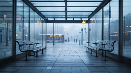 A serene foggy scene at an urban bus stop, featuring empty benches and glass walls, creating a tranquil atmosphere perfect for quiet reflection and solitude.の素材