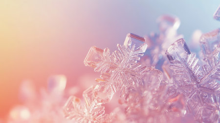 Captivating close-up of frosted snowflakes against a soft, colorful backdrop. Perfect for winter themes, seasonal designs, and nature-inspired projects.の素材