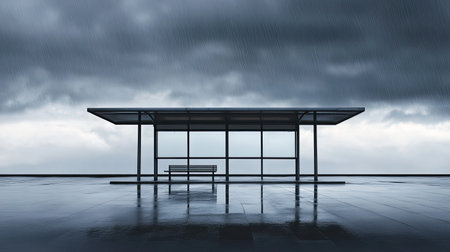 A minimalist bus stop stands under a dramatic, rain-filled sky. The empty shelter reflects a sense of solitude and tranquility in an urban environment.の素材