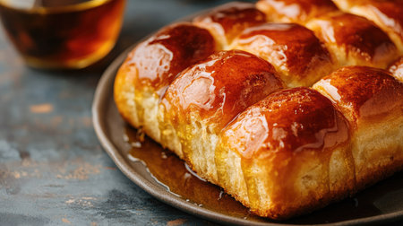 A close-up view of a delicious glazed sweet bread, showcasing its golden, shiny texture. Perfect for breakfast or as a sweet treat at any time.の素材