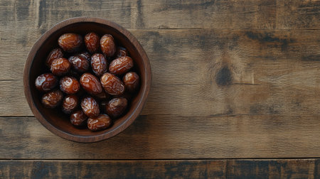 A rustic wooden bowl filled with fresh dates resting on a wooden table. This image captures natural beauty and healthy eating options, perfect for culinary use.の素材