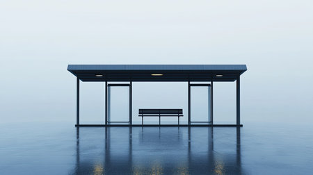 A minimalist bus shelter stands alone in a foggy environment, featuring a sleek design with a bench. The calm atmosphere evokes feelings of solitude and contemplation.の素材
