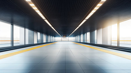 A sleek, modern interior of an empty train station with bright lighting and clean lines. The architecture emphasizes symmetry and minimalism, creating an inviting atmosphere.の素材