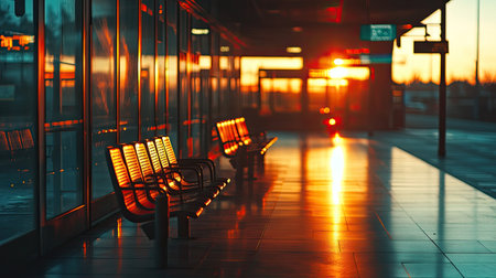 A serene scene of an urban train station at sunset, featuring glowing benches and reflections on the tiles. Perfect for themes of solitude and urban life.の素材