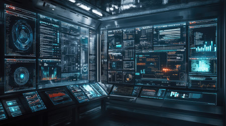 Explore a futuristic control room filled with advanced data displays and interfaces, showcasing cutting-edge technology for data analysis and monitoring.の素材