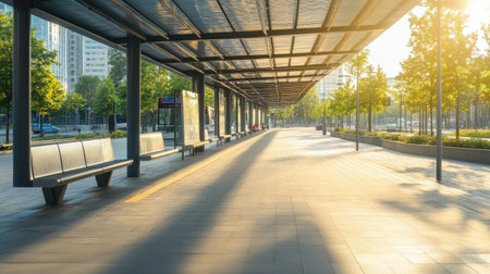 A tranquil urban walkway bathed in sunlight, featuring benches and trees. The scene captures a peaceful moment in a modern city environment.の素材