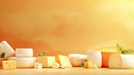 A vibrant display of various cheese types on a warm, inviting background, showcasing the beauty and diversity of dairy products in a culinary setting.の素材