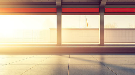 A serene modern interior bathed in warm sunlight, showcasing sleek lines and geometric design. Perfect for conveying tranquility and contemporary aesthetics.の素材