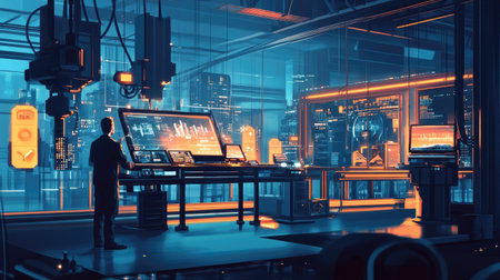 A futuristic control room featuring advanced displays and a vibrant urban skyline. The sleek design enhances creativity and innovation in technology and engineering.の素材