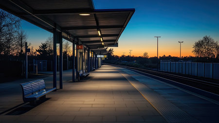 A tranquil train station platform at dusk, bathed in soft light. The empty space invites reflection and serenity, showcasing modern architecture against a colorful sunset.の素材