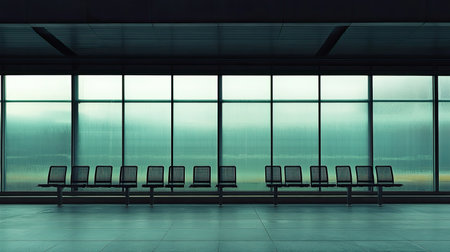 This image captures a modern waiting area featuring minimalist design elements. The tranquil space showcases empty seats and a serene atmosphere through natural light.の素材