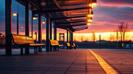 A serene sunset view at a quiet bus station, showcasing empty benches beneath warm street lamps. The colorful sky enhances the tranquil atmosphere of early evening.の素材