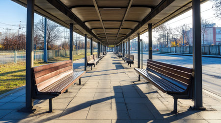 A tranquil bus station scene featuring empty benches under a sleek shelter. Clear skies and natural light create a serene atmosphere, perfect for waiting.の素材