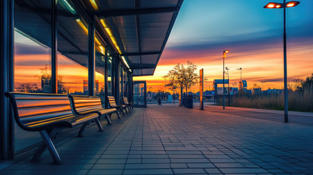 A serene sunset view at an urban bus stop features empty benches and a vibrant sky. The warm hues create a tranquil atmosphere perfect for reflection.の素材