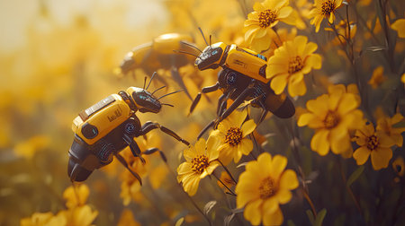 A stunning image of robots interacting with vibrant yellow flowers, showcasing a blend of technology and nature in a lively garden setting.の素材