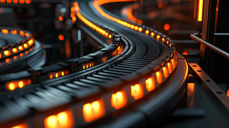 This image showcases an industrial conveyor system with vibrant orange lights, highlighting the dynamic flow and modern design of machinery in a manufacturing setting.の素材