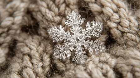 A stunning close-up of a snowflake resting on soft, beige knit fabric. This image captures the delicate beauty of winter and cozy, warm textures.の素材