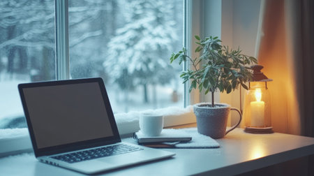 A cozy winter workspace featuring a laptop, a warm candle, and a potted plant. The peaceful scene by the window evokes a sense of tranquility and comfort.の素材