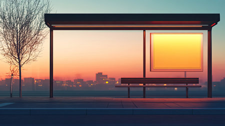 A serene urban bus stop scene at sunset, featuring a bench and an empty advertisement frame. Perfect for illustrating public transport and city life.の素材