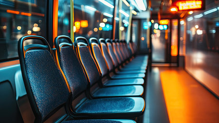 An artistic capture of an empty bus interior, showcasing vibrant lighting and a modern design. The image evokes a sense of solitude and urban life.の素材