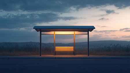 A serene bus stop at dusk, illuminated by soft lighting, surrounded by tranquil landscapes. Ideal for themes of solitude, journey, and peaceful moments.の素材