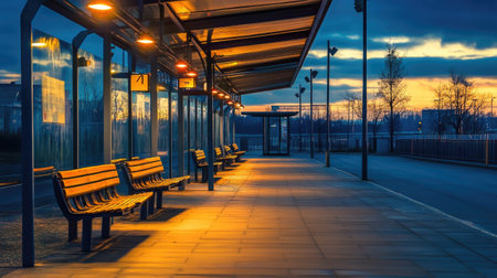 A serene view of an empty bus stop at sunset, featuring glowing lights and benches. The urban setting captures a moment of solitude and calm in the evening.の素材
