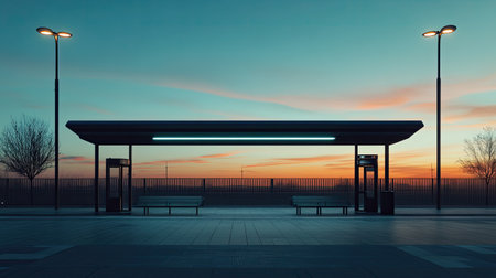 A contemporary bus stop scene at dusk, featuring a minimalist design with vibrant colors in the sky, creating a serene and inviting atmosphere for travelers.の素材
